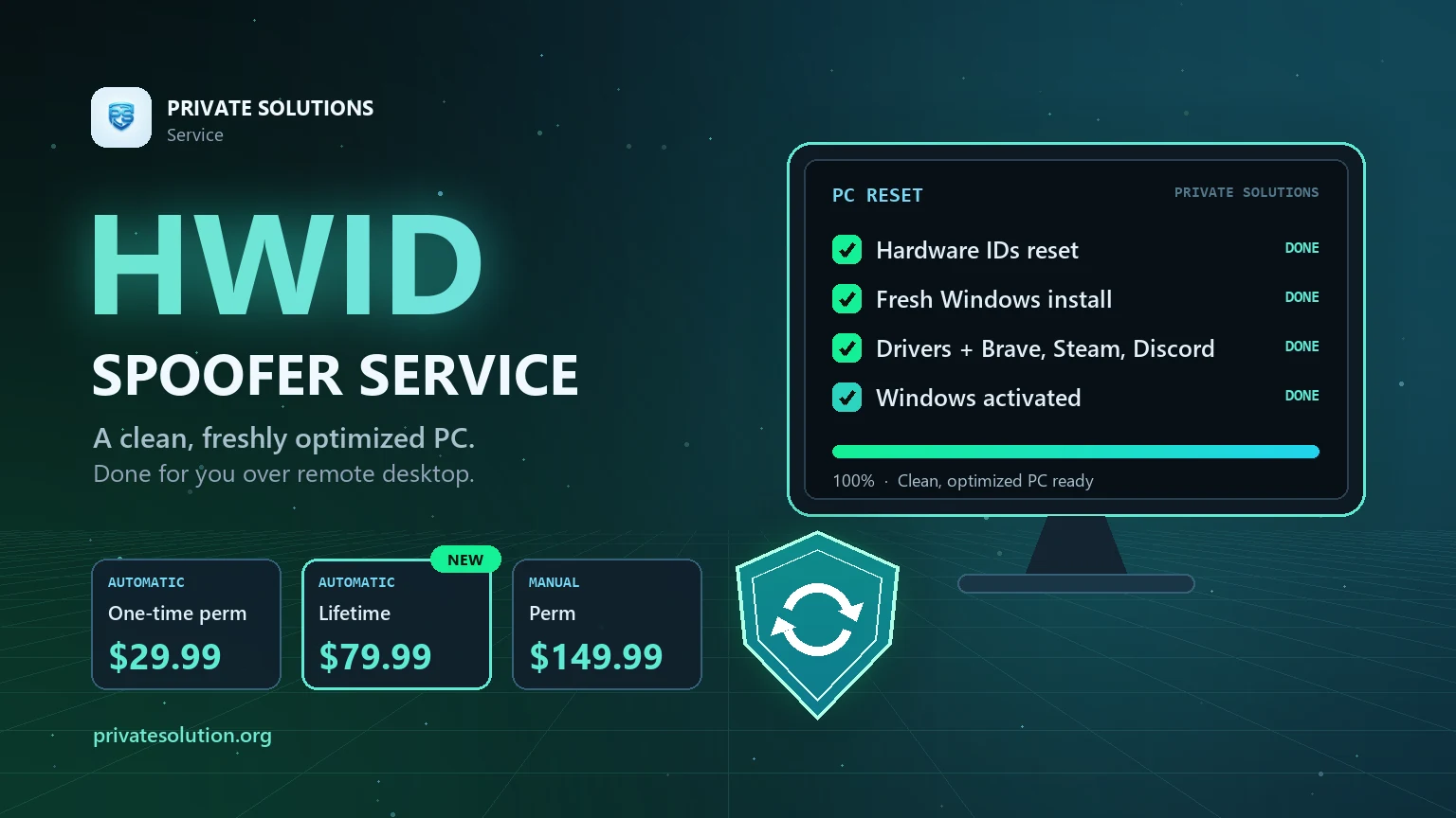 Private Solutions HWID Spoofer service: hardware IDs reset, fresh Windows install, drivers and apps, Windows activated. From $29.99.