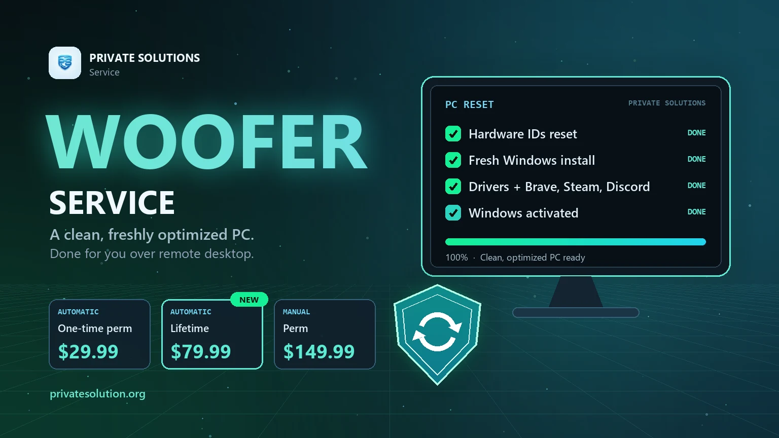 Private Solutions Woofer service: hardware IDs reset, fresh Windows install, drivers and apps, Windows activated. From $29.99.