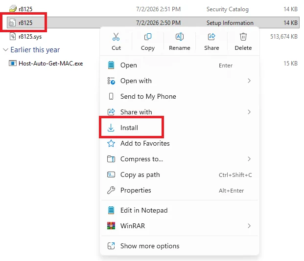Windows right-click menu on the r8125 setup file with Install highlighted